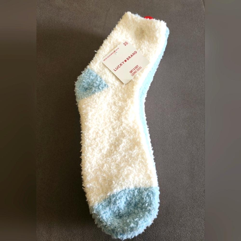 Lucky Brand Soft & Cozy Lounge Socks 3 Pair Size 4-10 WHITE/BLUE/TAUPE **NEW